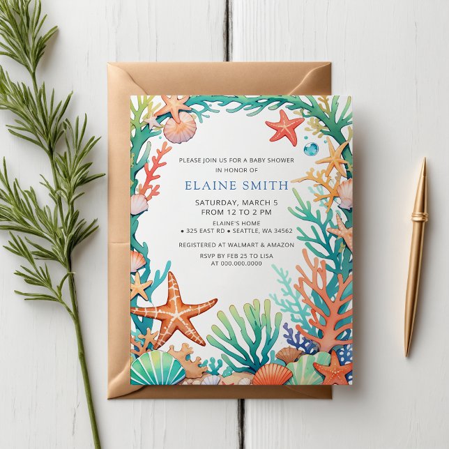 Blue Marine Seashells Ocean Sea Beach Baby Shower Invitation (Blue Marine Seashells Ocean Sea Beach Baby Shower Invitation)