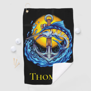 Blue Marlin, Anchor, Waves and Sun Golf Towel