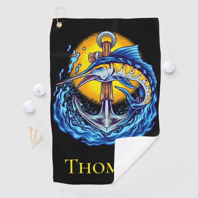 Blue Marlin, Anchor, Waves and Sun  Golf Towel (InSitu)