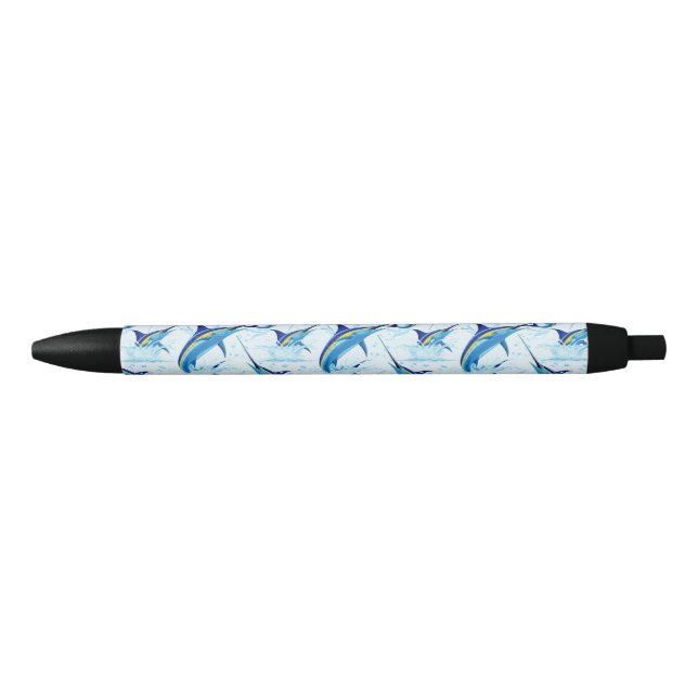 Blue Marlin Jumping out of Ocean Black Ink Pen (Front)