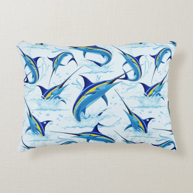 Blue Marlin Jumping out of Ocean Decorative Cushion (Front)