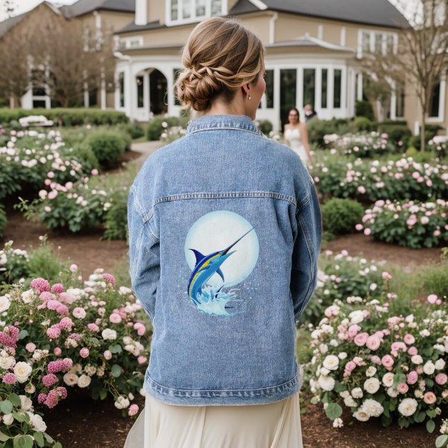 Blue Marlin Jumping out of Ocean Denim Jacket (Wedding Back)