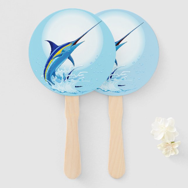 Blue Marlin Jumping out of Ocean Hand Fan (Front and Back)