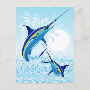 Blue Marlin Jumping out of Ocean Holiday Postcard