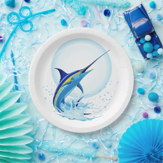 Blue Marlin Jumping out of Ocean Paper Plate (Party)