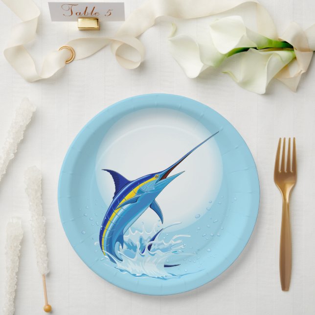 Blue Marlin Jumping out of Ocean Paper Plate (Wedding)