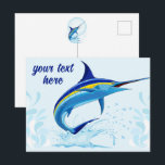 Blue Marlin Jumping out of Ocean Postcard<br><div class="desc">Realistic illustration of a beautiful Marlin Fish Ocean Animal jumping out of ocean. Vector Art copyright BluedarkArt TheChameleonArt.</div>