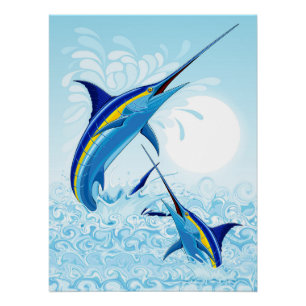 Blue Marlin Jumping out of Ocean Poster