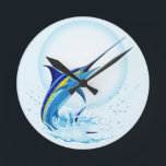 Blue Marlin Jumping out of Ocean Round Clock<br><div class="desc">Realistic illustration of a beautiful Marlin Fish Ocean Animal jumping out of ocean. Vector Art copyright BluedarkArt TheChameleonArt.</div>