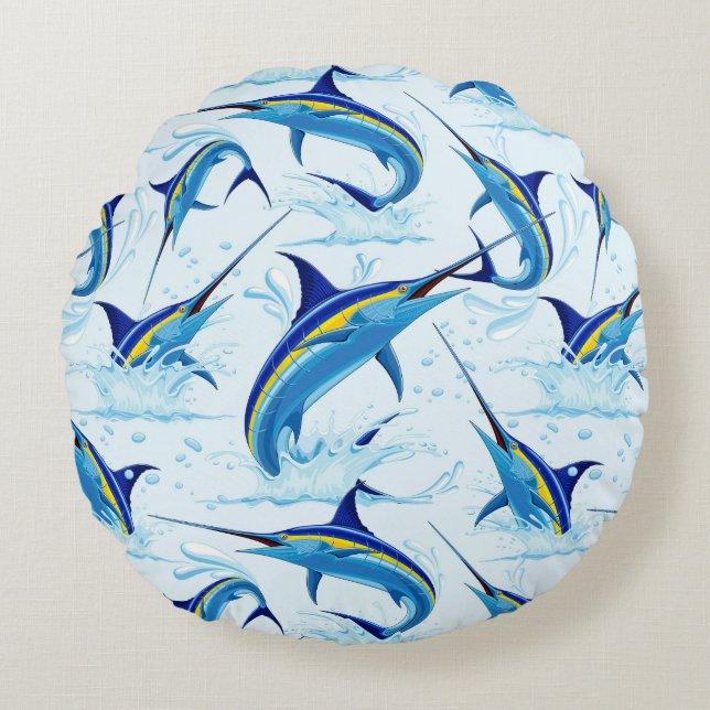 Blue Marlin Jumping out of Ocean Round Cushion (Front)