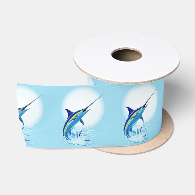 Blue Marlin Jumping out of Ocean Satin Ribbon (Spool)