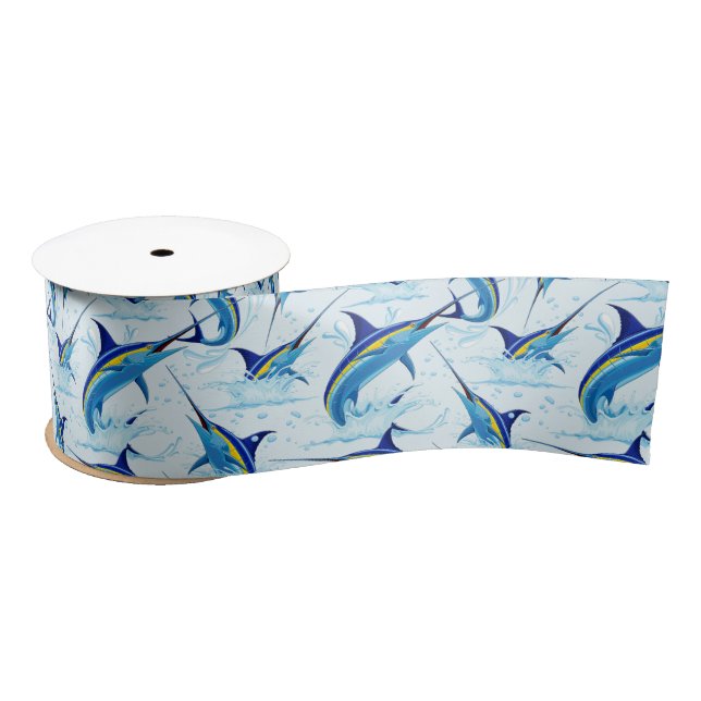 Blue Marlin Jumping out of Ocean Satin Ribbon (Spool)