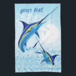 Blue Marlin Jumping out of Ocean Tea Towel<br><div class="desc">Realistic illustration of a beautiful Marlin Fish Ocean Animal jumping out of ocean. Vector Art copyright BluedarkArt TheChameleonArt.</div>