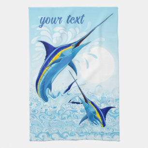Blue Marlin Jumping out of Ocean Tea Towel