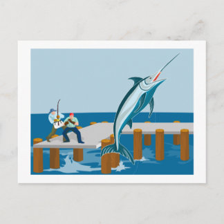 Blue marlin jumping with fisherman postcard