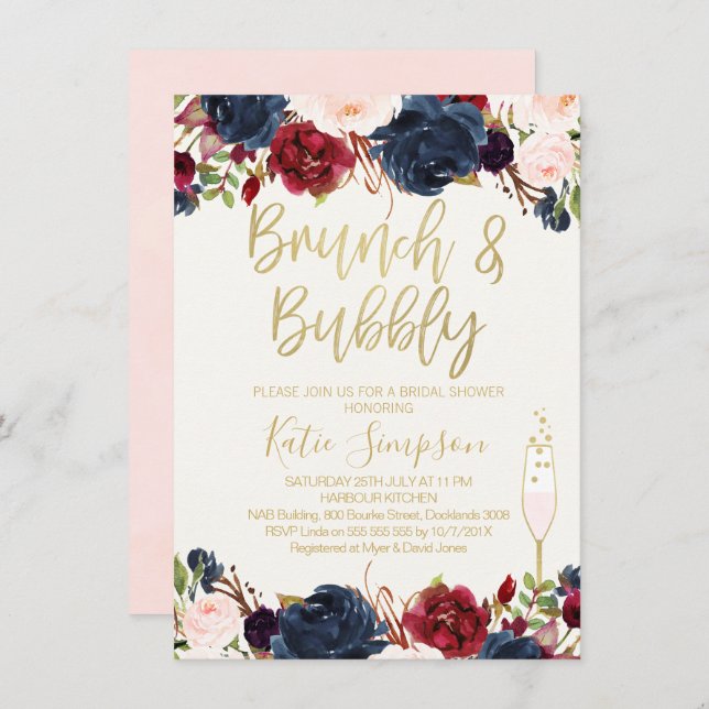 Blue Maroon Floral Brunch Bridal Shower Invitation (Front/Back)