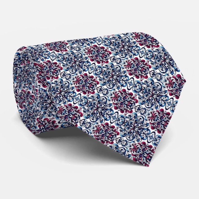 Blue, Maroon, Indigo & White Swirl Pattern Tie (Rolled)