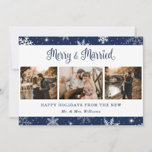 Blue Married Newlywed Snowflake Photo Holiday Card
