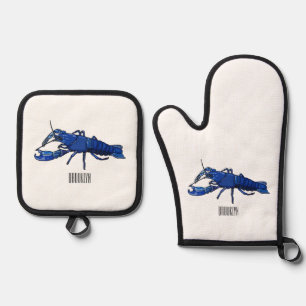 Blue marron crayfish cartoon illustration oven mitt & pot holder set
