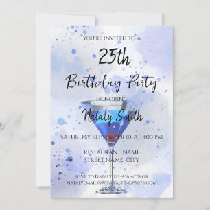 Blue martini cocktail on white invitation