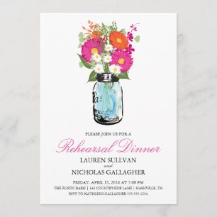 Blue Mason Jar and Gerber Daisies Rehearsal Dinner Invitation