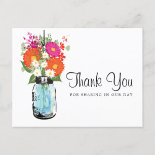 Blue Mason Jar and Gerber Daisies Thank You  Postcard