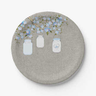 Blue Mason Jar Burlap Baby Shower Paper Plate