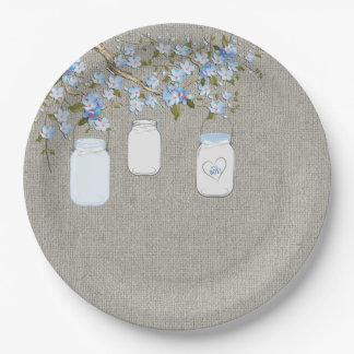 Blue Mason Jar Burlap Boys Baby Shower Paper Plate