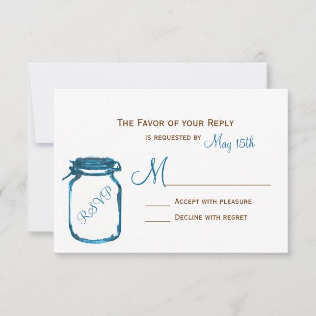 Blue Mason Jar Country Rustic Wedding RSVP Cards (Front)