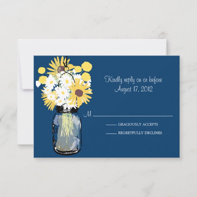 Blue Mason Jar Daisies Sunflowers Billy Balls RSVP Card (Front)
