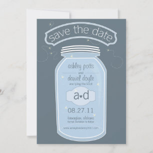 Blue Mason Jar & Fireflies Save the Date