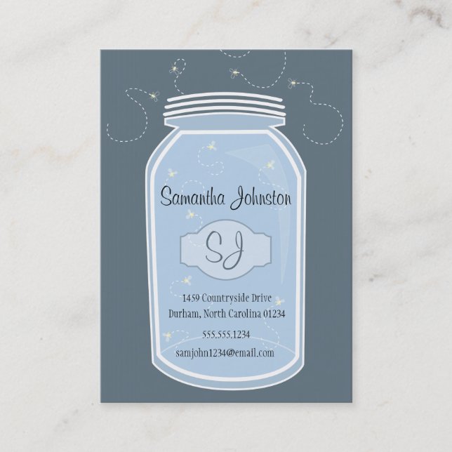 Blue Mason Jar & Fireflies Save the Date Business Card (Front)