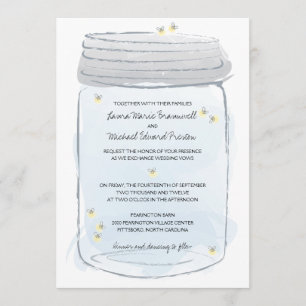 Blue Mason Jar & Fireflies Wedding Invitation