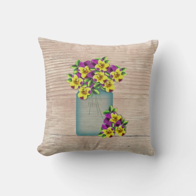 Blue Mason Jar Pansies Pillow (Front)