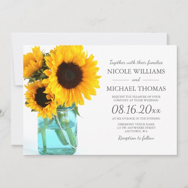 Blue Mason Jar Sunflowers Wedding Invitations (Front)