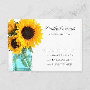Blue Mason Jar Sunflowers Wedding RSVP Card