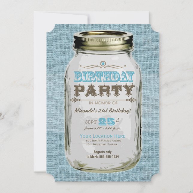 Blue Mason Jar Vintage Look Birthday Party Invitation (Front)