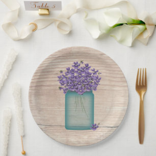 Blue Mason Jar Violets Paper Plate