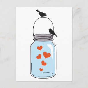 blue mason jar with red hearts and birds postcard