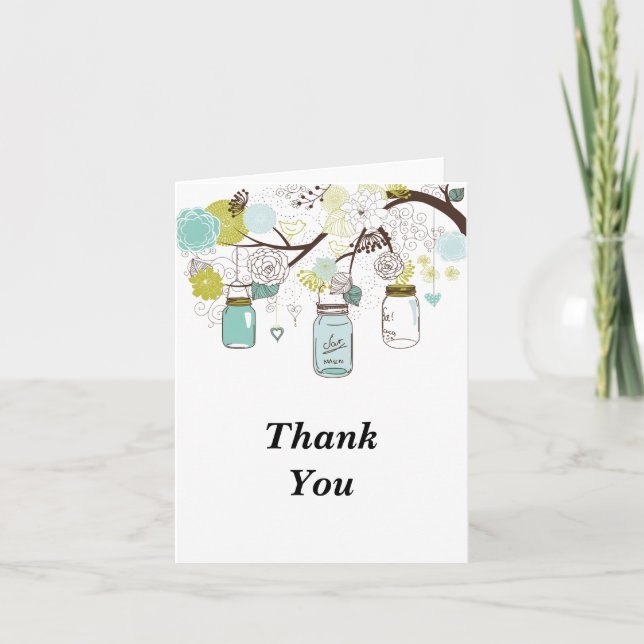 Blue Mason Jars and Love Birds Thank You Card (Front)