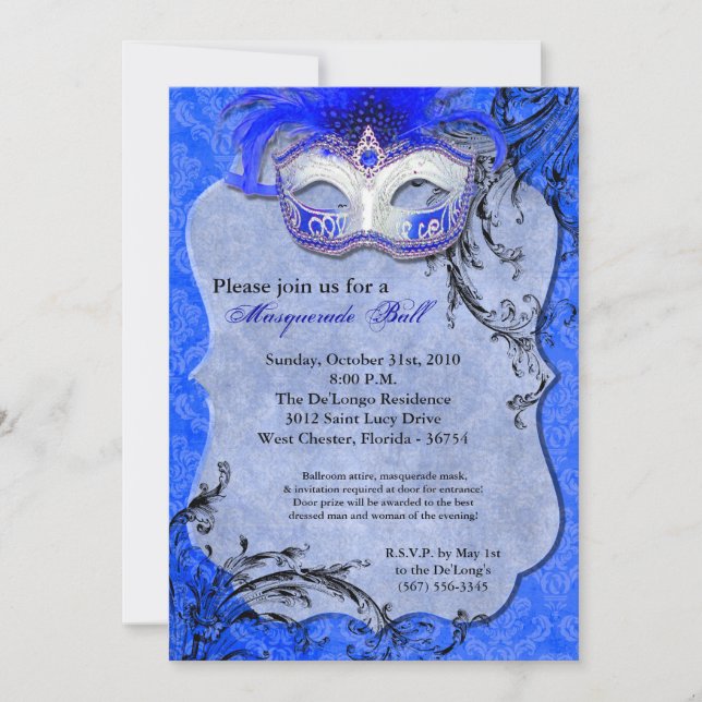 Blue Masquerade Ball Mask Costume Halloween Part Invitation (Front)