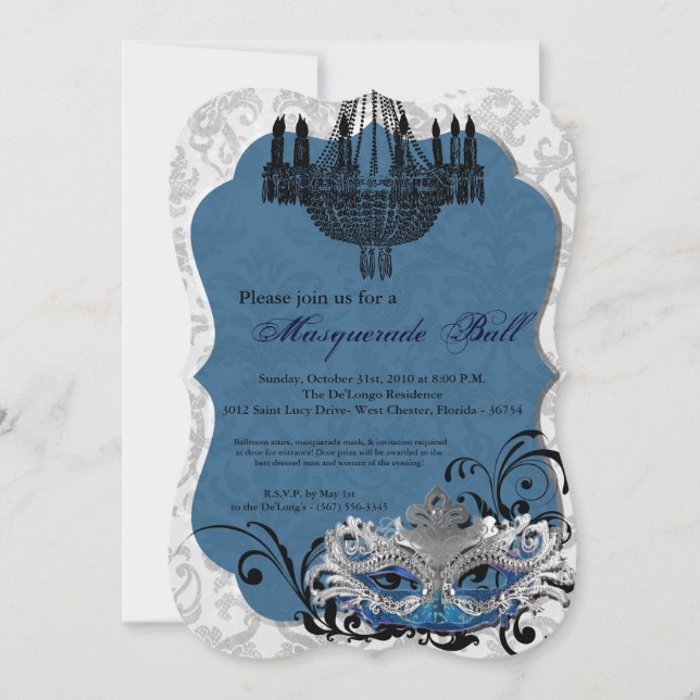 Blue Masquerade Ball Mask Costume Halloween Part Invitation (Front)
