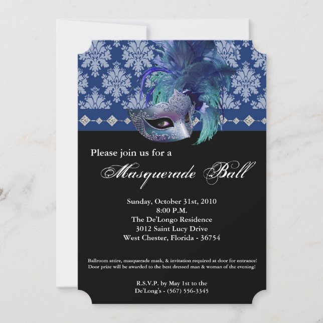 Blue Masquerade Ball Mask Costume Halloween Part Invitation (Front)