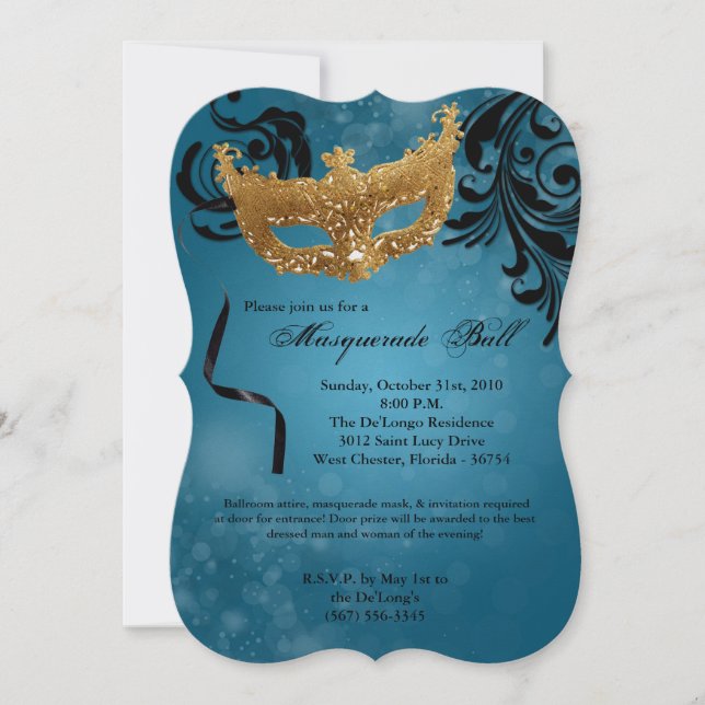 Blue Masquerade Ball Mask Costume Halloween Part Invitation (Front)