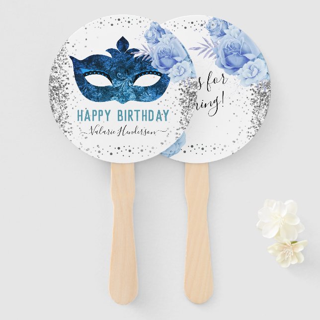 Blue Masquerade Birthday Party Hand Fan (Front and Back)