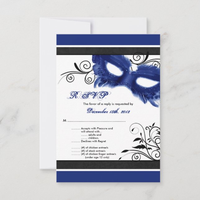 Blue Masquerade Mask Sweet 16 R.S.V.P. Card (Front)
