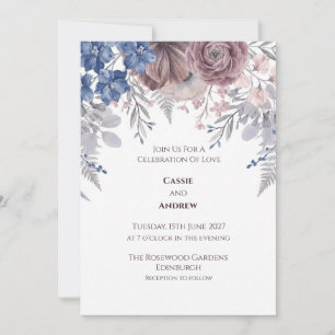 Blue Mauve Watercolour Floral Wedding Invitation