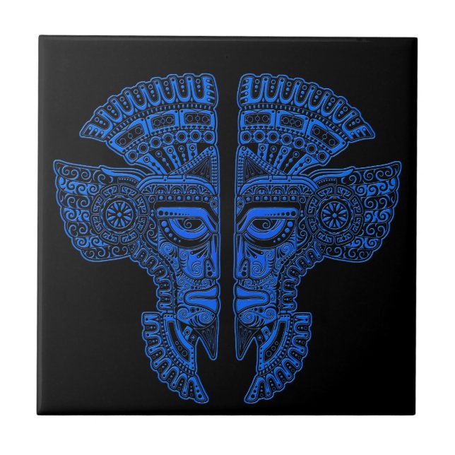 Blue Mayan Twins Mask Illusion on Black Tile (Front)