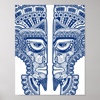 Blue Mayan Twins Mask Illusion on White Poster