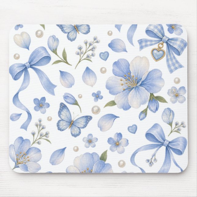 Blue Meadow Bows & Blooms Mouse Pad (Front)